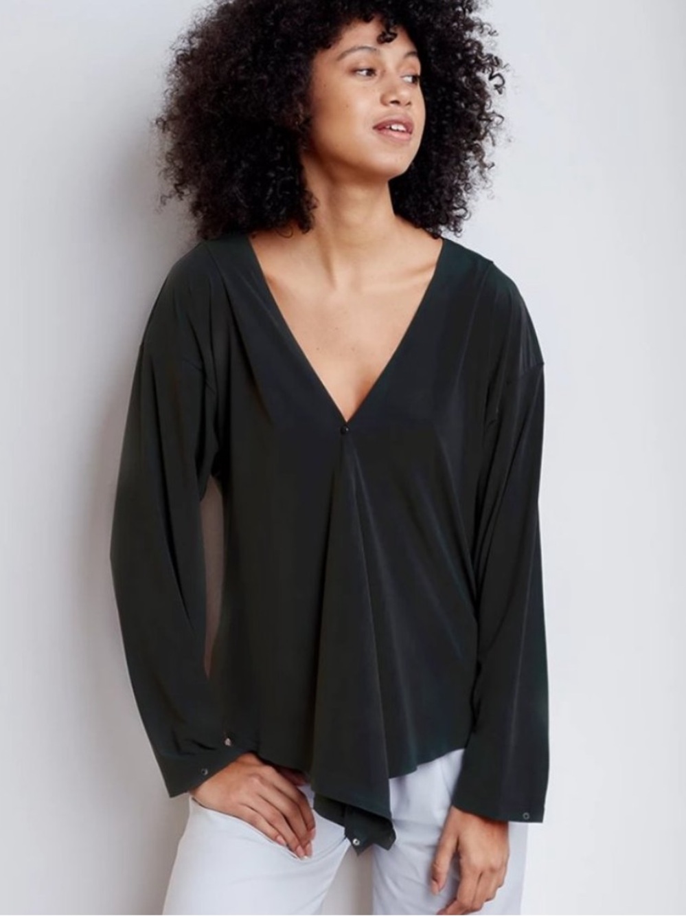 ADAY Black That's Wrap Top Womens Size Medium Long Sleeve Stretch Liquid Knit